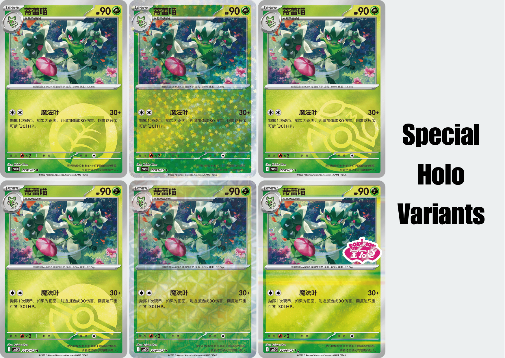Six Pokémon trading card art previews arranged in a grid with large text reading 'Special Holo Variants' on a light gray background.