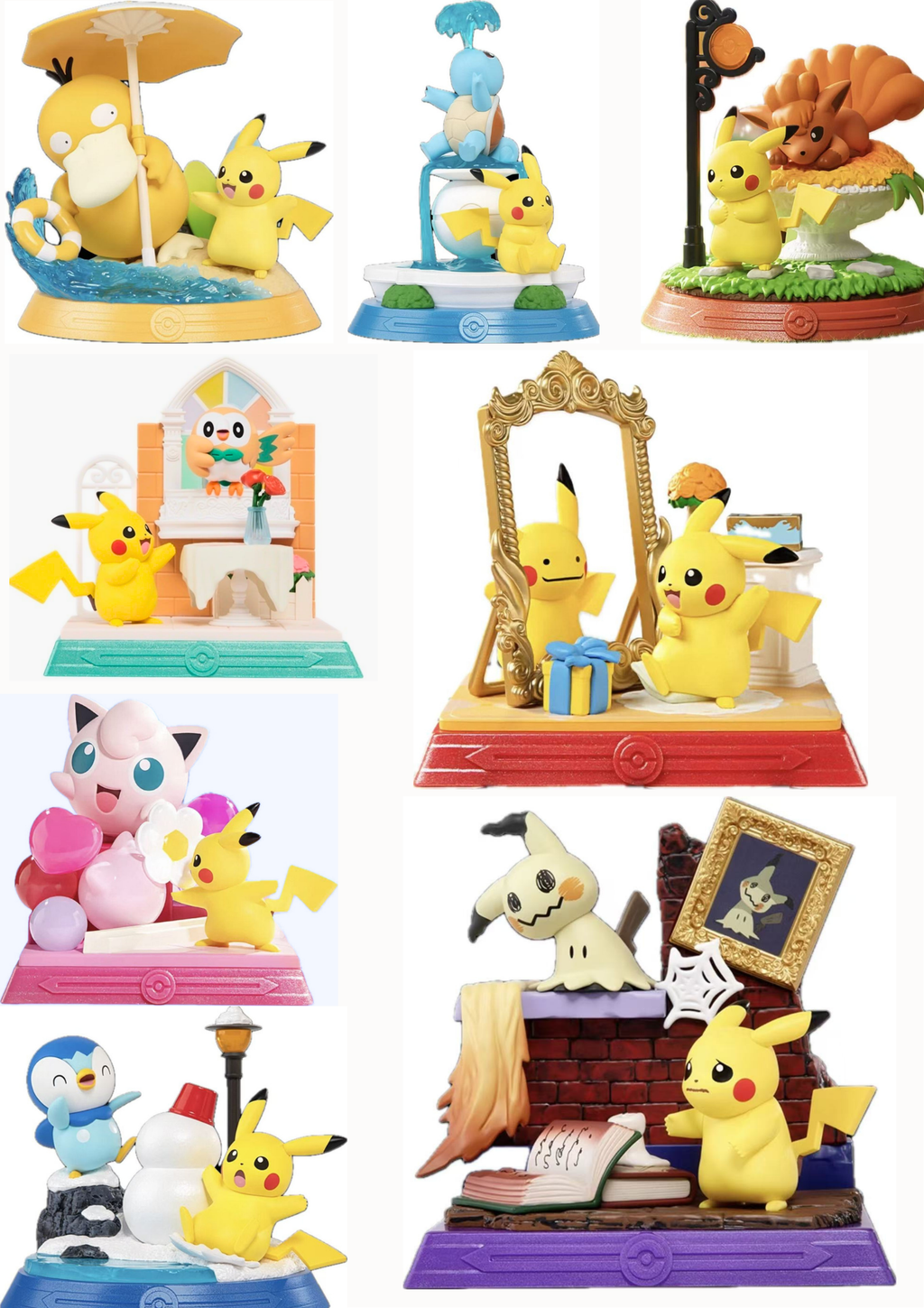 A collage of nine different Pokémon character figurines displayed on colorful bases against a white background, including Pikachu, Piplin, Togepi, Bulbasaur, Jigglypuff, Clefairy, Chikorita, Piplin, and other characters in themed scenes.