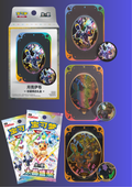 Pokémon TCG collectible card packaging and sample cards displayed on a purple background, including a boxed set, two booster packs, and several holographic oval cards with character art.